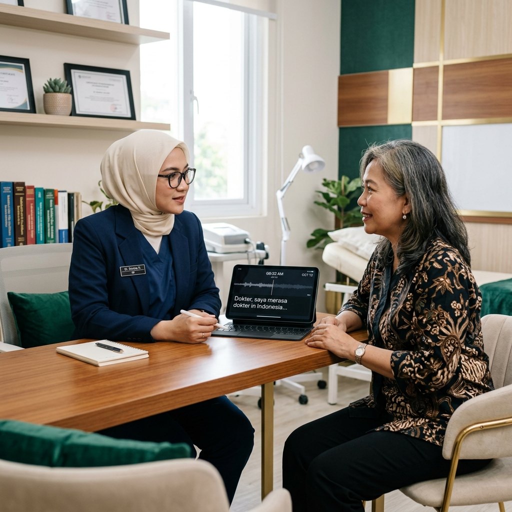 Dokter dan pasien berkonsultasi di ruang praktik, dengan tablet RE-GEN Health merekam dan menyusun dokumentasi